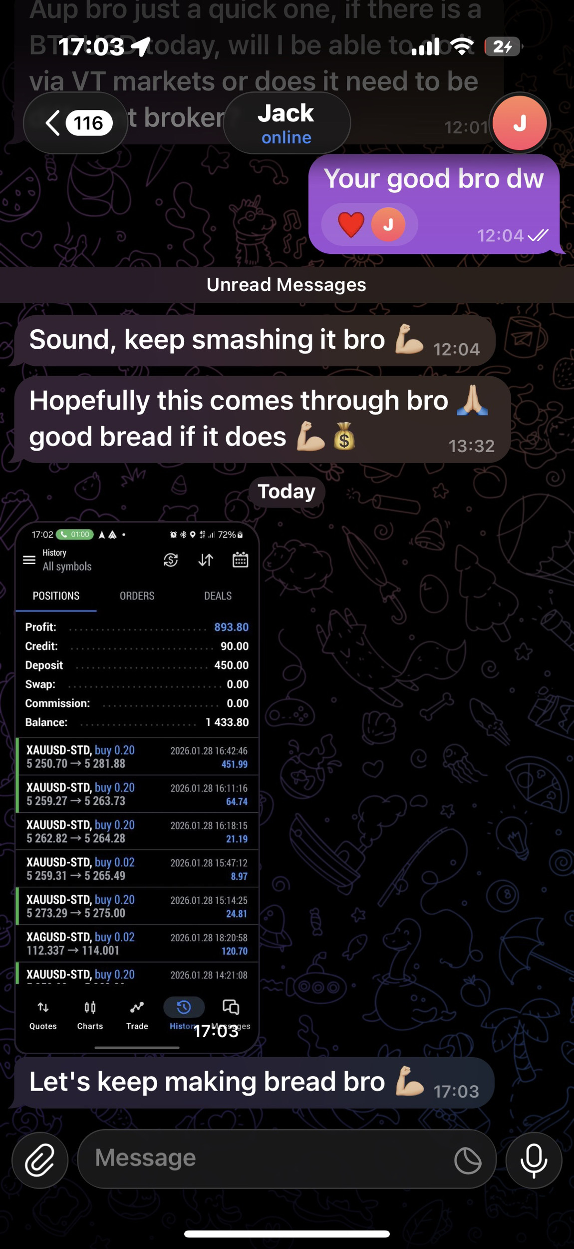 Trading feedback shared by a Harlzingz community member: £893 profit shared by a member