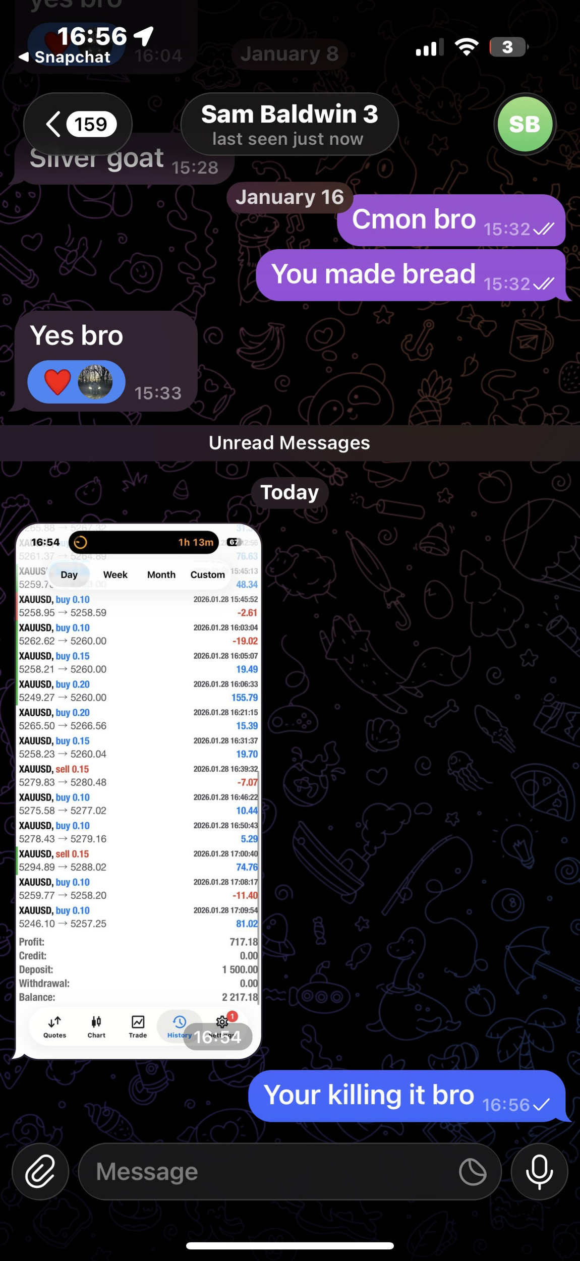 Trading feedback shared by a Harlzingz community member: £717 daily profit shared
