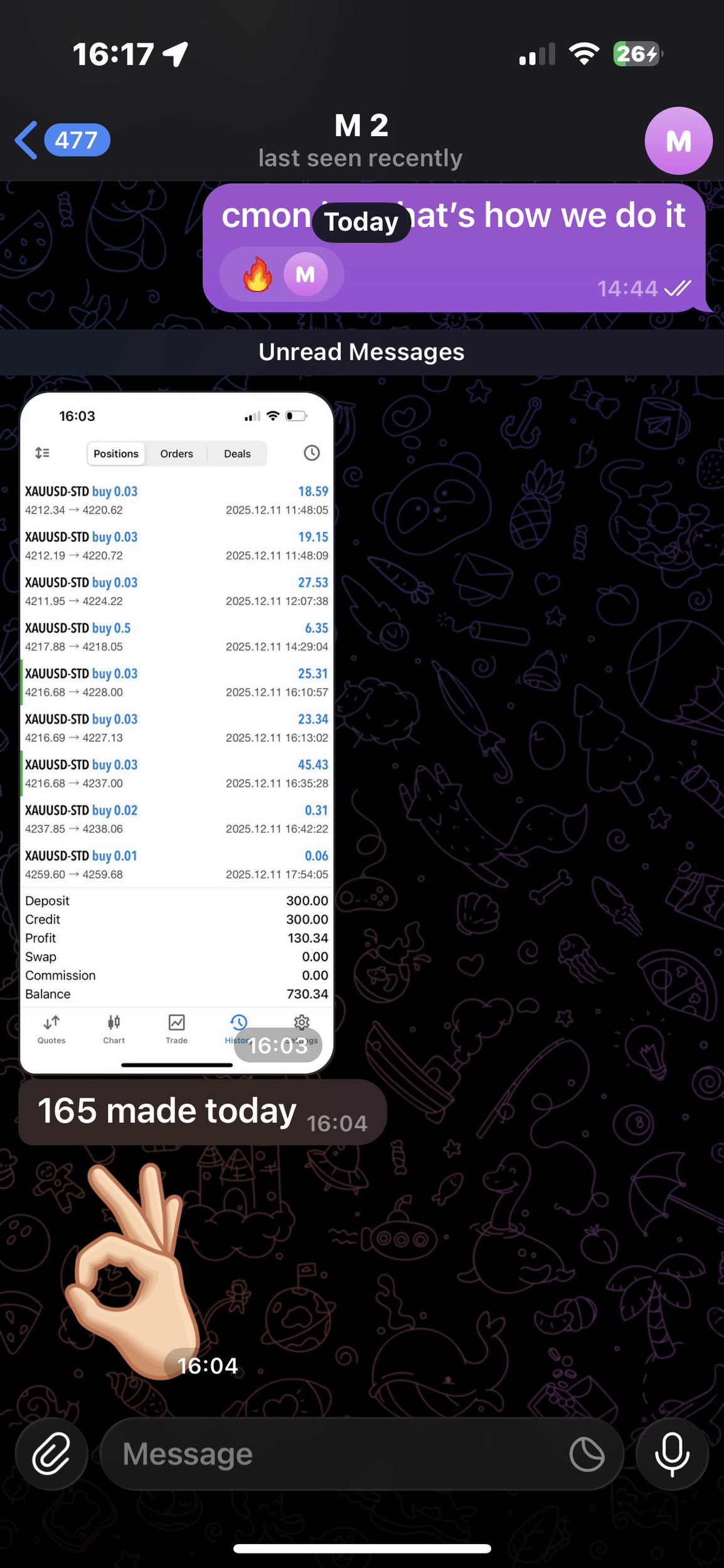 Trading feedback shared by a Harlzingz community member: £165 made in one day